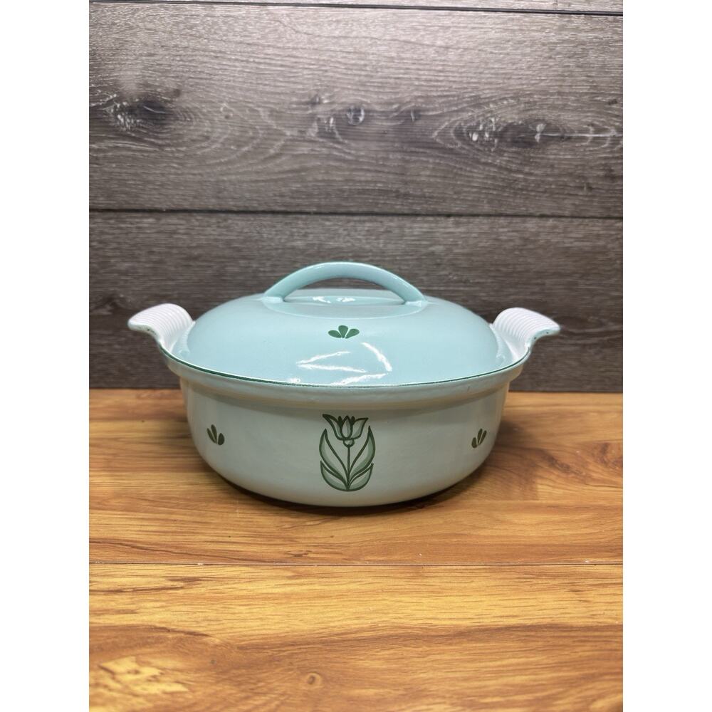 VTG DRU Holland #26 Oven Dish 10.5” w/Lid-Mint Green Tulip Enameled Cast Iron